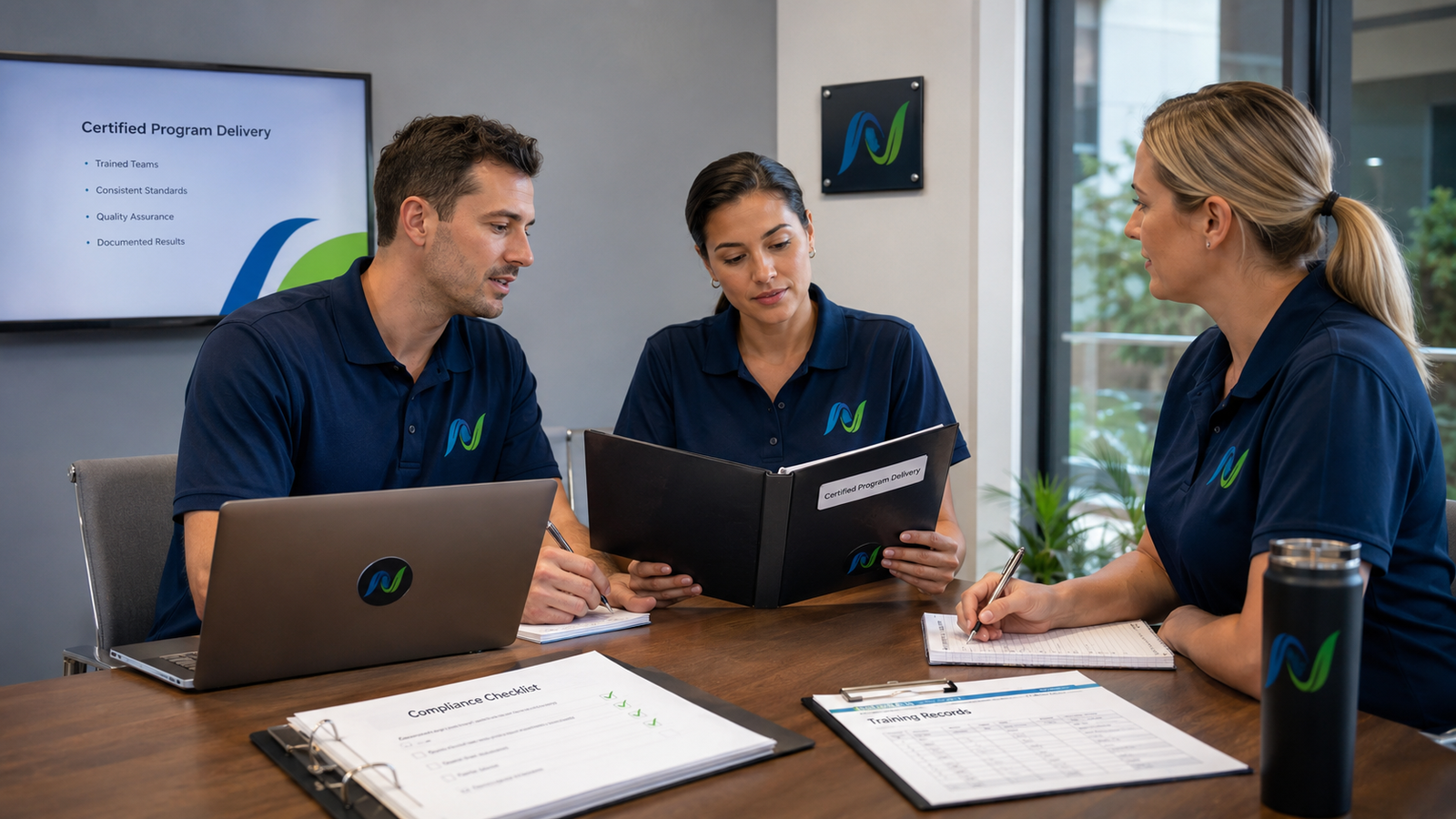 N Floorcare team members reviewing certified program delivery documentation, compliance checklists and training records at a meeting — with the N Floorcare logo and branded materials visible throughout