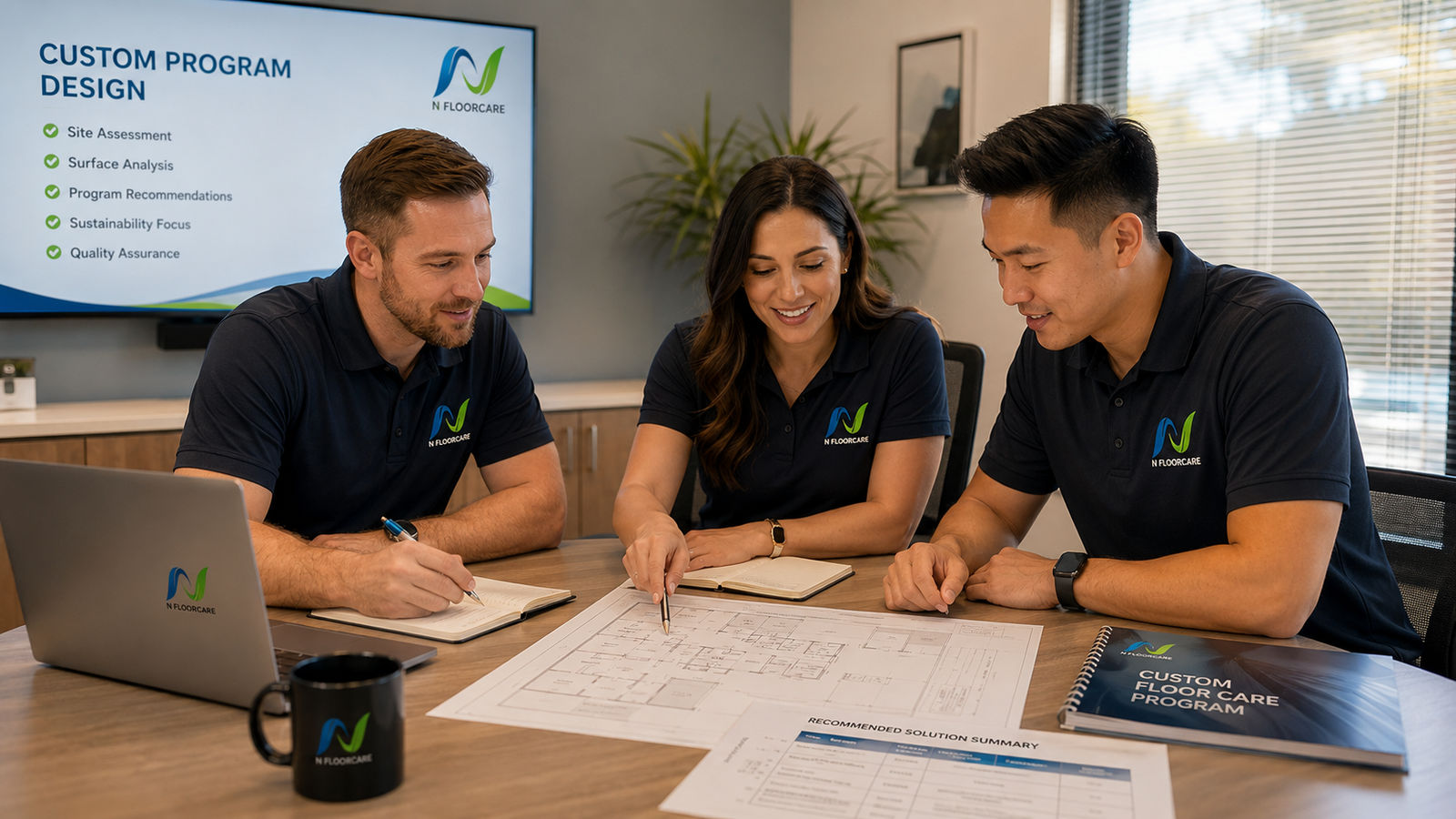 Three N Floorcare specialists in branded uniforms reviewing a detailed floor plan and program documentation at a meeting table — with a Custom Program Design presentation visible on the screen behind them