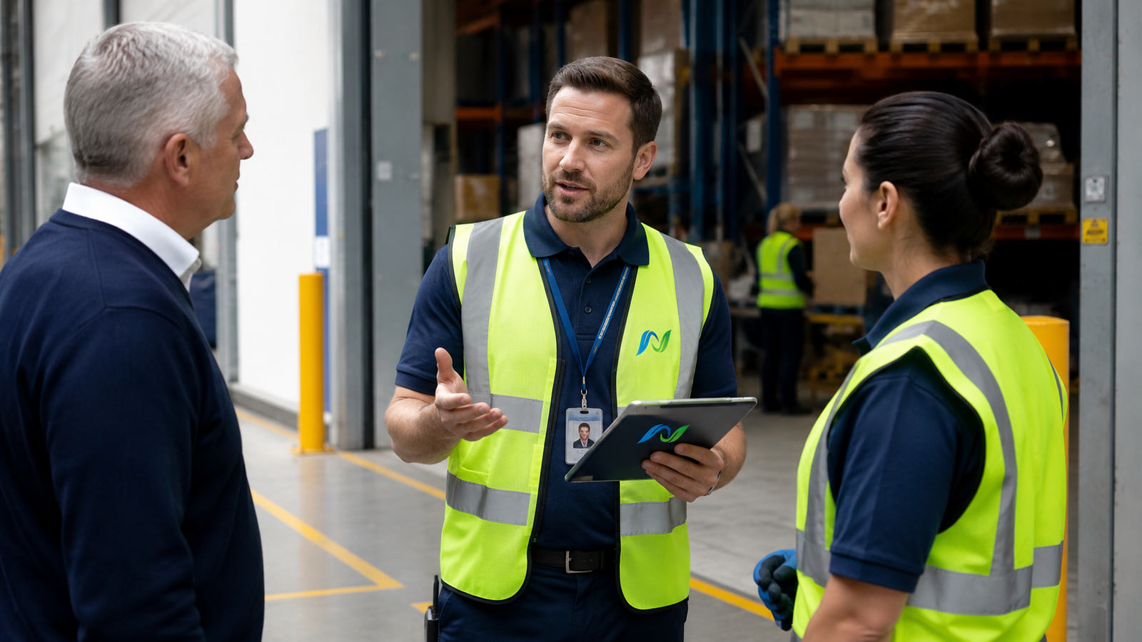 An N Floorcare site manager in hi-vis and branded uniform discussing program performance with a client facility manager on-site, holding a tablet with program data — with the warehouse environment and crew working in the background