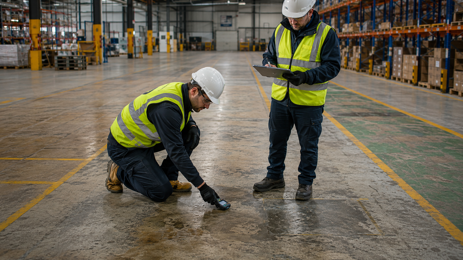 Two N Floorcare specialists in hi-vis and hard hats conducting a detailed floor condition assessment in a large warehouse — one crouching to test the surface with a moisture meter while the other records findings on a clipboard