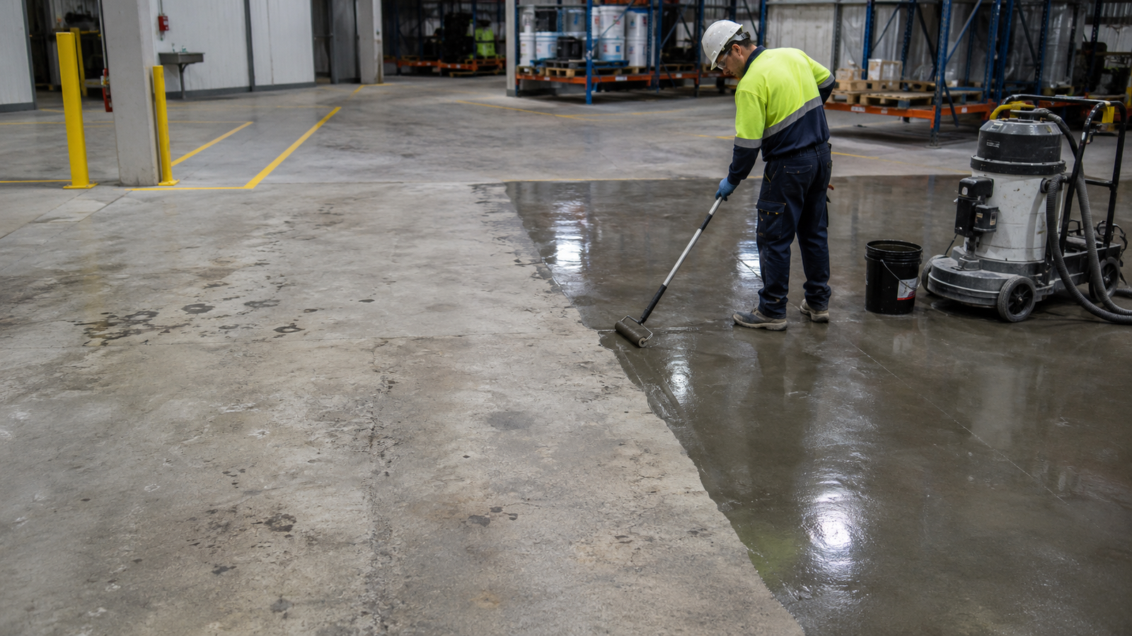 Specialist applying sealant to warehouse concrete floor showing before and after treatment
