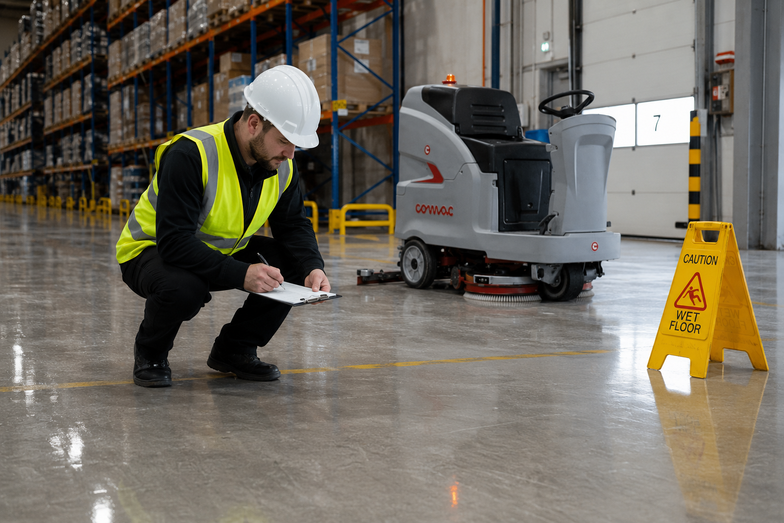 Specialist assessing warehouse floor condition beside a ride-on scrubber with caution signage deployed