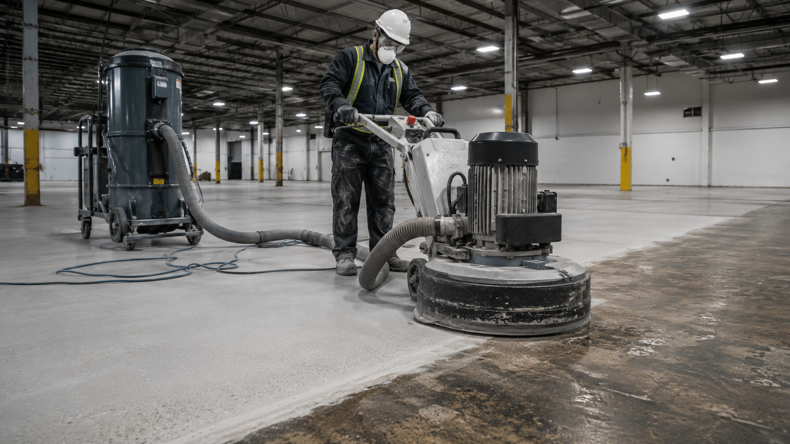 Specialist in full PPE including respirator operating an industrial diamond floor grinder connected to dust extraction in a large empty warehouse — showing the clear divide between contaminated and freshly ground concrete