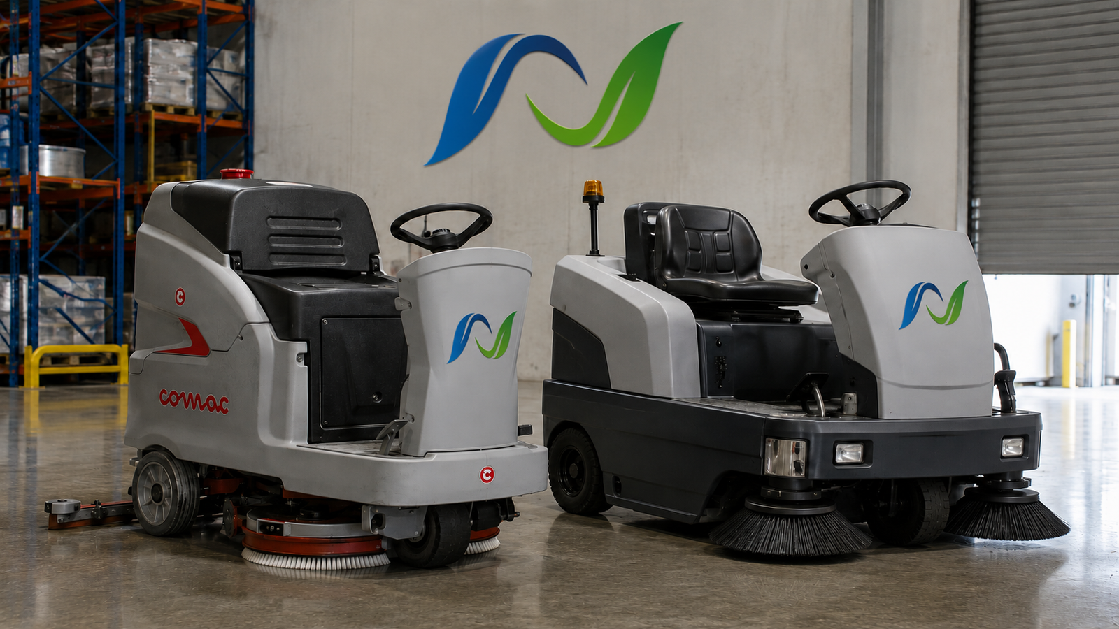 Two branded N Floorcare ride-on floor scrubbers ready for deployment in a warehouse facility