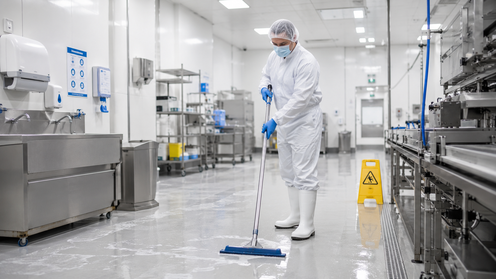 Specialist in full food-safe PPE including white coveralls, hairnet, face mask, gloves and rubber boots applying sanitisation treatment to the floor of a food production facility with stainless steel equipment and drainage channels visible