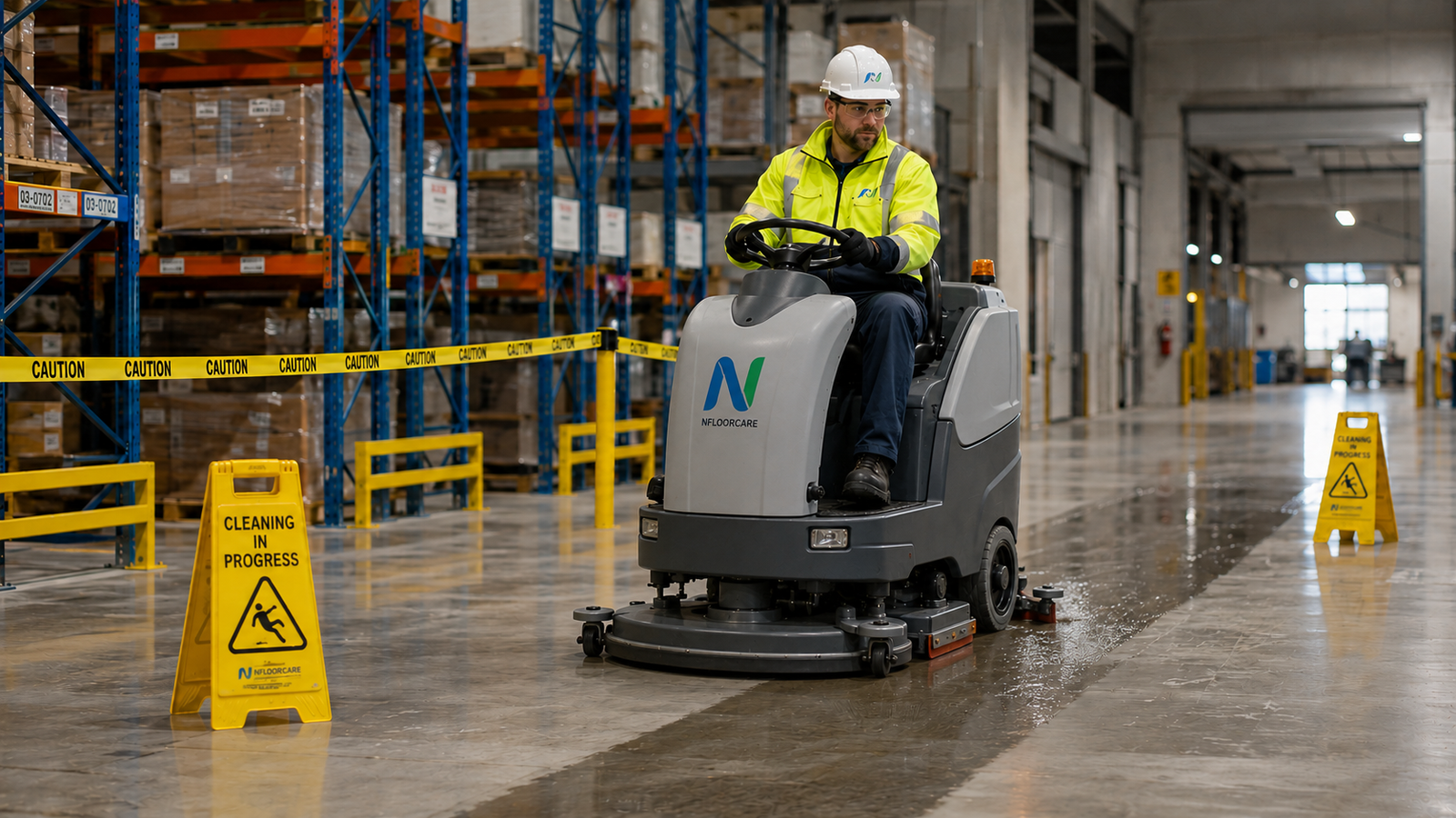 N Floorcare specialist technician in full PPE operating a ride-on scrubber through a warehouse aisle with safety signage deployed