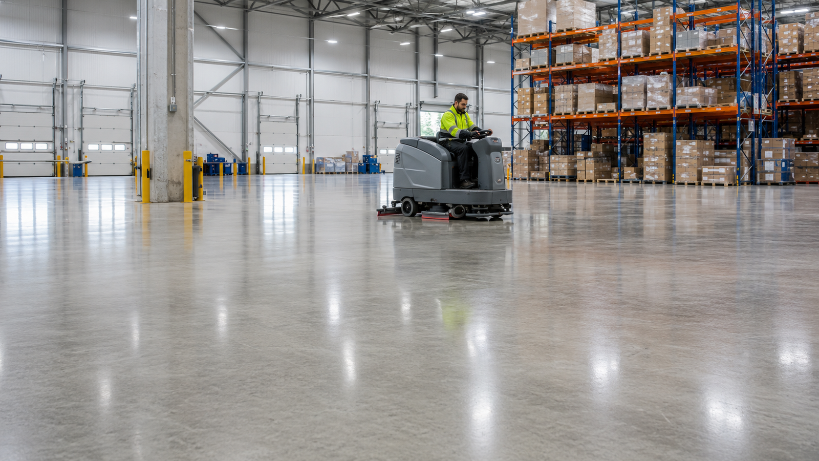 Specialist in hi-vis operating a ride-on scrubber across a vast, pristine polished concrete warehouse floor — demonstrating the result of a professional floor care program