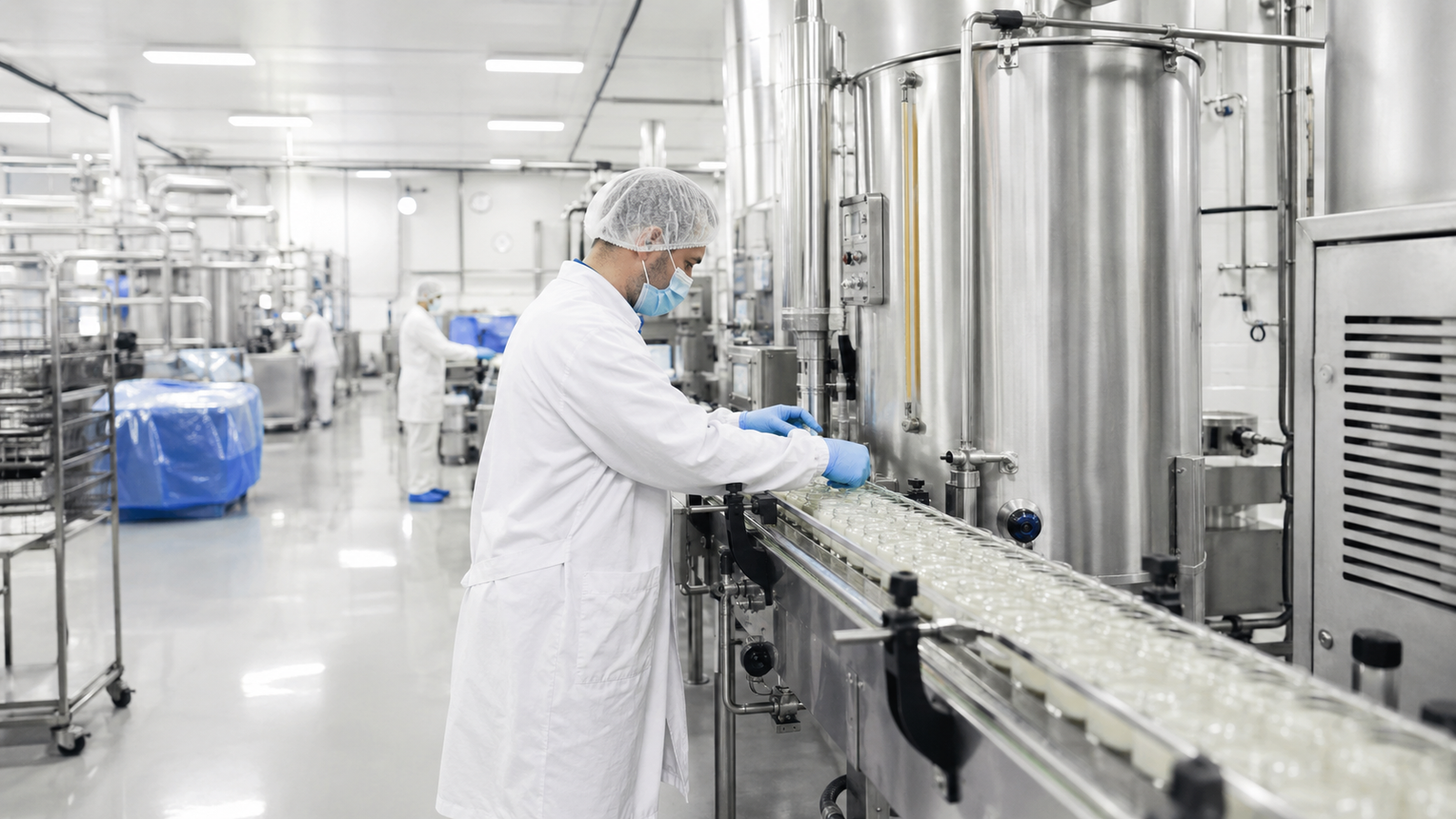 N Floorcare specialist in full safety PPE operating industrial cleaning equipment in a production environment
