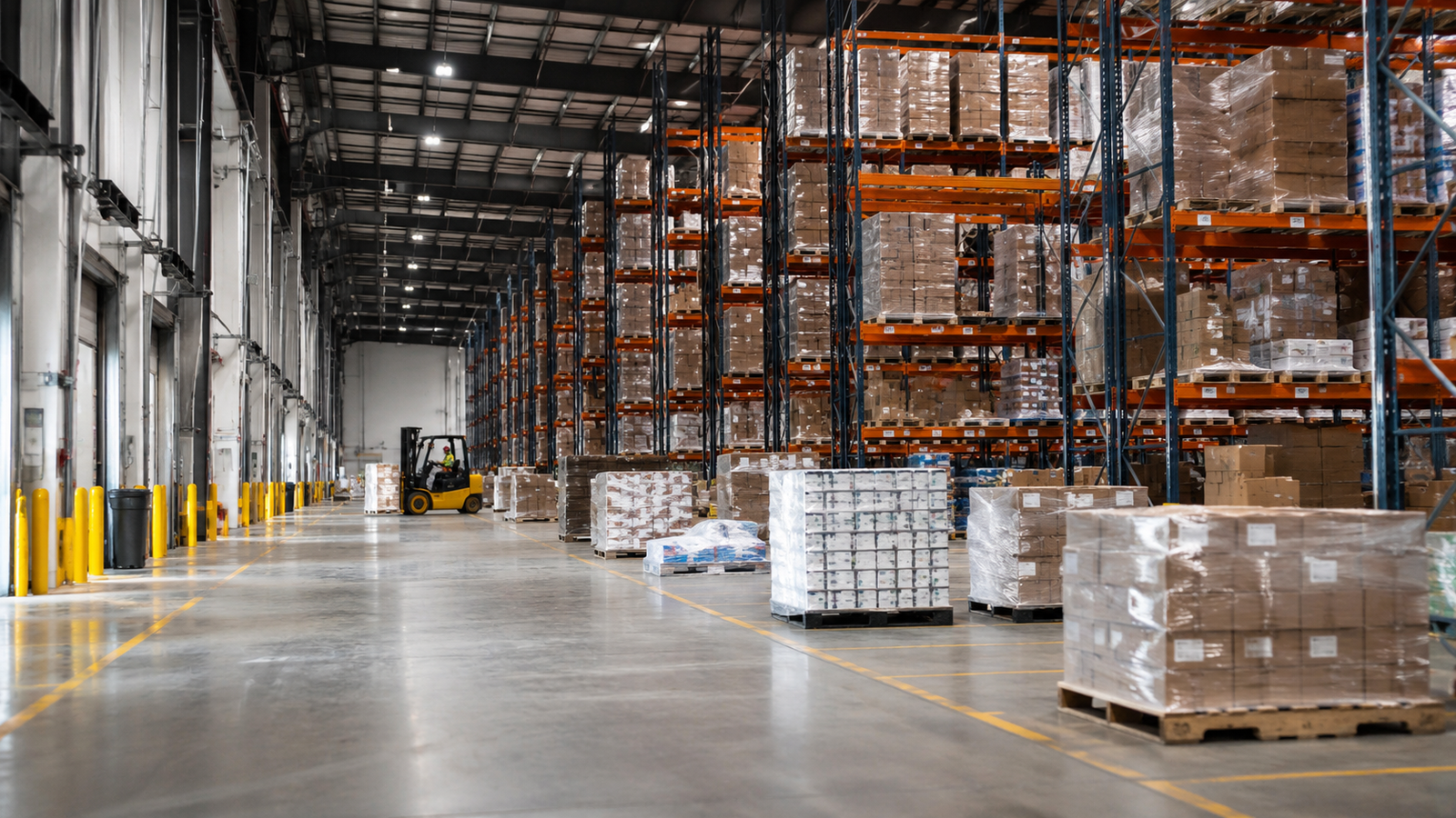 N Floorcare specialist operating industrial scrubbing equipment in a large warehouse facility