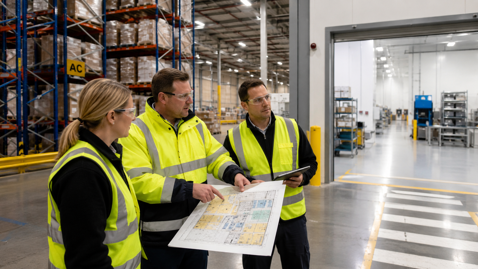 Three specialists in hi-vis vests reviewing a detailed facility floor plan during an on-site assessment in a large warehouse and production environment — demonstrating the site-specific program design process