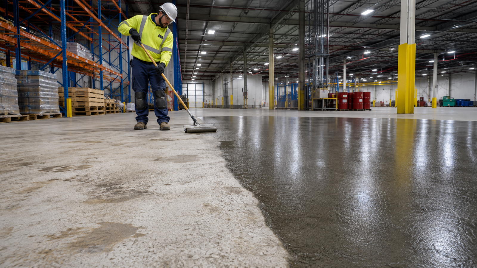 Specialist in hi-vis applying sealant to a large warehouse concrete floor with a roller — the visible dividing line clearly shows the contrast between the raw, contaminated surface and the freshly sealed, protected concrete